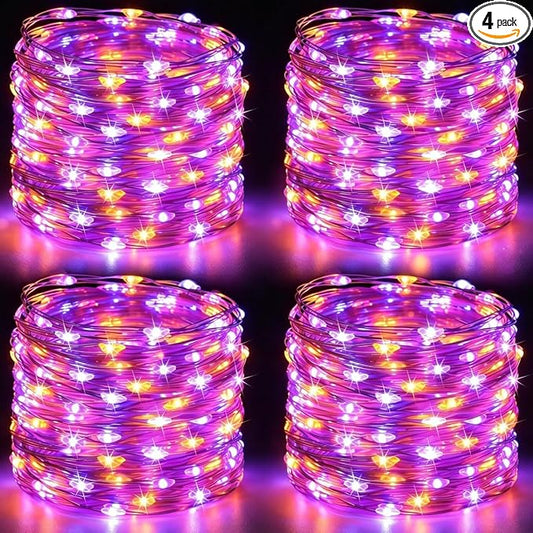 4Pack 60LED Fairy Lights Battery Operated Orange and Purple Halloween Decor | 20 FT, Halloween Lights with Timer, Cuttable Copper Wire, Waterproof Battery String Lights for Indoor Outdoor, Bedroom, Home