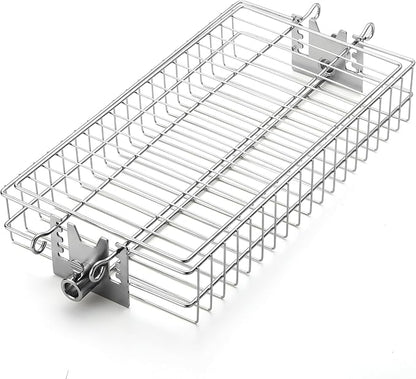 TURBRO Flat Rotisserie Basket, 304 Stainless Steel, Universal Grill Accessory, Compatible with 1/2” or 3/8" Hexagon, 3/8" or 5/16" Square Spit Rods, Fits Most Grills, for Outdoor BBQ
