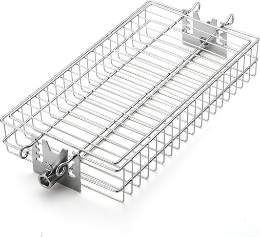 TURBRO Flat Rotisserie Basket, 304 Stainless Steel, Universal Grill Accessory, Compatible with 1/2” or 3/8" Hexagon, 3/8" or 5/16" Square Spit Rods, Fits Most Grills, for Outdoor BBQ