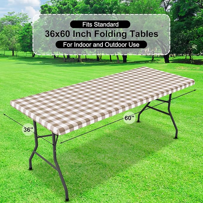 Buffalo Rectangle Picnic Tablecloth, 5 Foot Elastic Fitted Vinyl Table Cloth with Flannel Backing, Waterproof Plaid Table Covers for Dining, Camping, Outdoor (Khaki and White, 36" x 60")