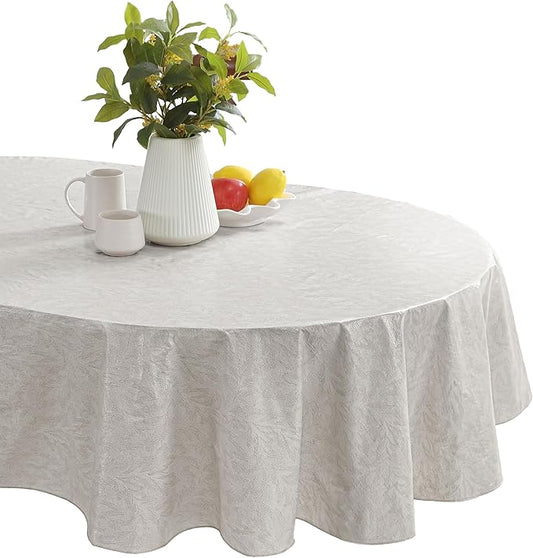 Newbridge Napa Leaf Beige Vinyl Flannel Backed Tablecloth, 60 x 102 Inch Oval, Hotel Quality Waterproof Indoor Outdoor Table Cover for Kitchen, Patio, Dining, BBQ