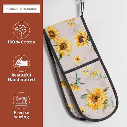 Maison d' Hermine Double Oven Mitts 100% Cotton Double Oven Glove (7"x35") | Heat Resistant BBQ Cooking Gloves with Loop Baking Grilling Kitchen Hotel Home Farmhouse Spring Summer - Candice