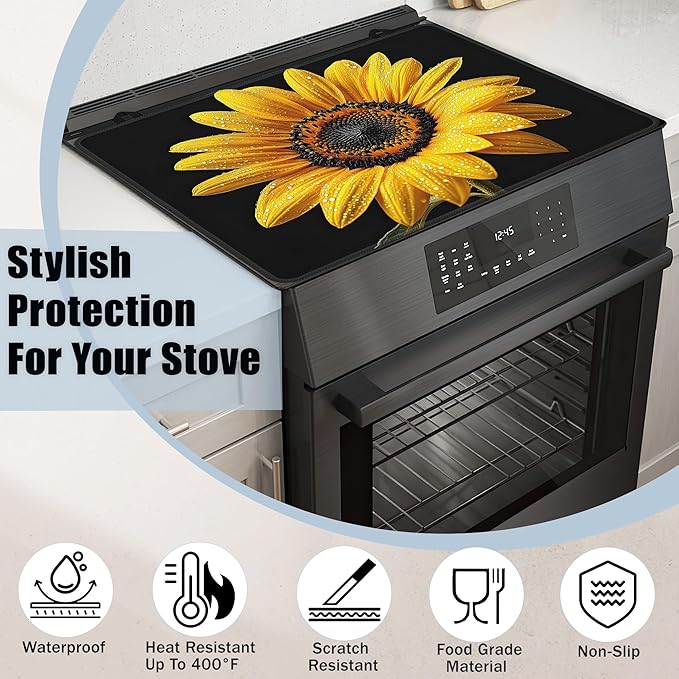 Electric Stove Top Cover,Sunflower Stove Cover for Glass Top Electric Stove,Spring Floral Heat Resistant Flat Top Stove Mat Countertop Protector, 28 x 20 Inch