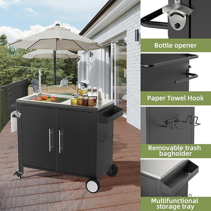 NicBex Outdoor Grill Cart with Sink & Cabinet, 304 Stainless Steel Rolling Bar Cart with Wheels, Spice Rack, BBQ Storage Cart, Black Outdoor Patio Prep Table, Black