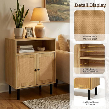 Narrow Storage Cabinet with Rattan Doors, 32" Tall Small Cabinet | for Bathroom, Small Space Hallway Entryway, Free-Standing Sideboard for Laundry Room Kitchen, Easy Assembly(Dark Oak)