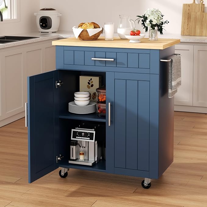 Shintenchi Kitchen Island cart with Storage, Portable Bar Cabinet on Wheels, Rolling Microwave Cart Side Table with Workstation for Kitchen, Dinning Room, Blue