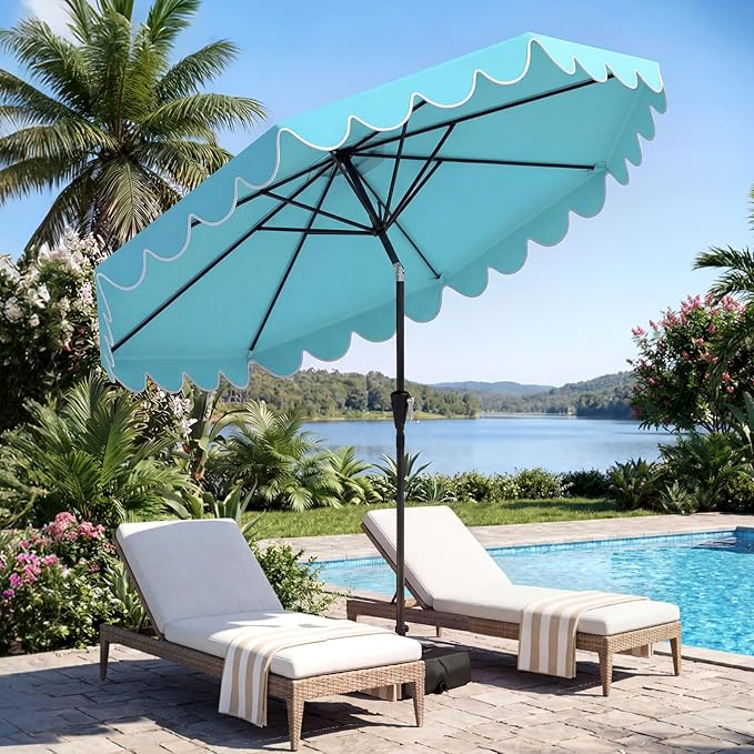 Tangkula 10 FT Patio Umbrella with Base Included, 2-Tiers Outdoor Scalloped Table Umbrella with 2 Sandbags, Tilt Adjustment, Crank, 8 Ribs for Market Backyard Pool Deck Beach Lawn