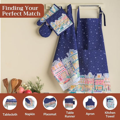 Maison d' Hermine Double Oven Mitts 100% Cotton Double Oven Glove (7"x35") | Heat Resistant BBQ Cooking Gloves with Loop Baking Kitchen Home Farmhouse Thanksgiving Christmas - Christmas Market - Blue