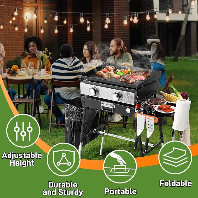 Grill Table& Griddle Cover, Blackstone Griddle Stand for 17" 22" | Folding Portable Ninja Grill Stand with Trash Holder, Blackstone Table for Outdoor Tailgate, Camping