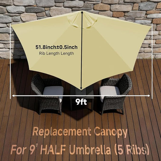 9FT 5Ribs Patio Half Umbrella Replacement Canopy Cover, Half Outdoor Umbrella Replacement Cloth, Market Yard Umbrellas Top Cover, Waterproof & UV-Protective (Only Canopy, Frame Not Included)