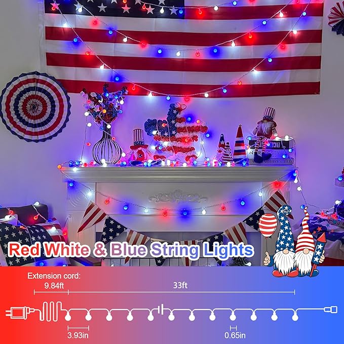 QITONG Red White and Blue Globe String Lights Outdoor, 33ft 100 LED 4th of July Globe Lights with Plug in, 8 Modes Clear String Lights for Indoor Patriotic Memorial Independence Day Decor