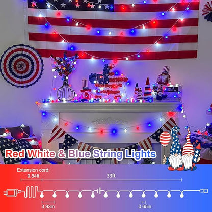 QITONG Red White and Blue Globe String Lights Outdoor, 33ft 100 LED 4th of July Globe Lights with Plug in, 8 Modes Clear String Lights for Indoor Patriotic Memorial Independence Day Decor