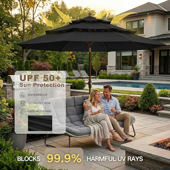 Kingdura 9ft 3-Tier Patio Umbrella, Outdoor Table Umbrella with Easy Crank & Tilt, 8 Reinforced Ribs, UV Protection for Deck, Pool, Market, Backyard (Black)