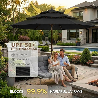 Kingdura 10ft 3-Tier Patio Umbrella, Outdoor Table Umbrella with Easy Crank & Tilt, 8 Reinforced Ribs, UV Protection for Deck, Pool, Market, Backyard (Black)