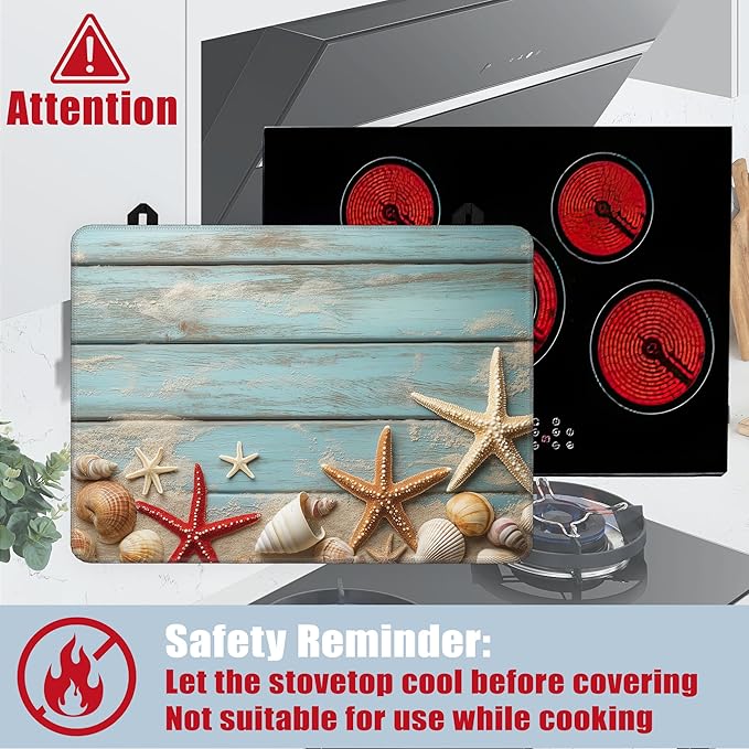Electric Stove Top Cover,Beach Starfish Stove Cover for Glass Top Electric Stove,Blue Wood Board Seashells Heat Resistant Flat Top Stove Mat Countertop Protector, 28 x 20 Inch