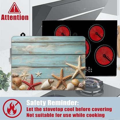Electric Stove Top Cover,Beach Starfish Stove Cover for Glass Top Electric Stove,Blue Wood Board Seashells Heat Resistant Flat Top Stove Mat Countertop Protector, 28 x 20 Inch