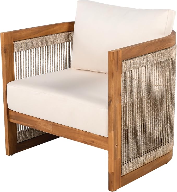 Christopher Knight Home Dora Set of 2 Patio Club Chair with Cushions, Acacia Wood Lounge Chair Outdoor, Woven Accents, Curved Design Side Chair for Balcony Backyard Garden Poolside, Beige + Teak