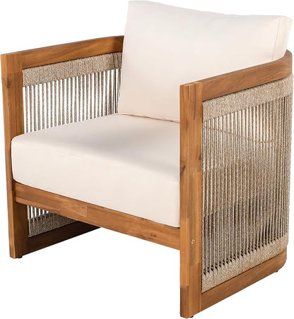 Christopher Knight Home Dora Set of 2 Patio Club Chair with Cushions, Acacia Wood Lounge Chair Outdoor, Woven Accents, Curved Design Side Chair for Balcony Backyard Garden Poolside, Beige + Teak