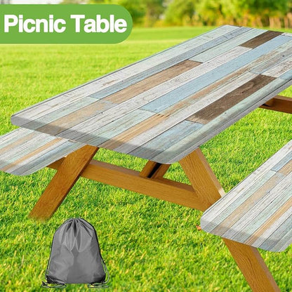 JAWO Rustic Wooden Picnic Table Cover with Bench Covers, Modern Camping RV Essentials Gear Supplies Outdoor Waterproof Windproof Tablecloth with Elastic, 30X60in