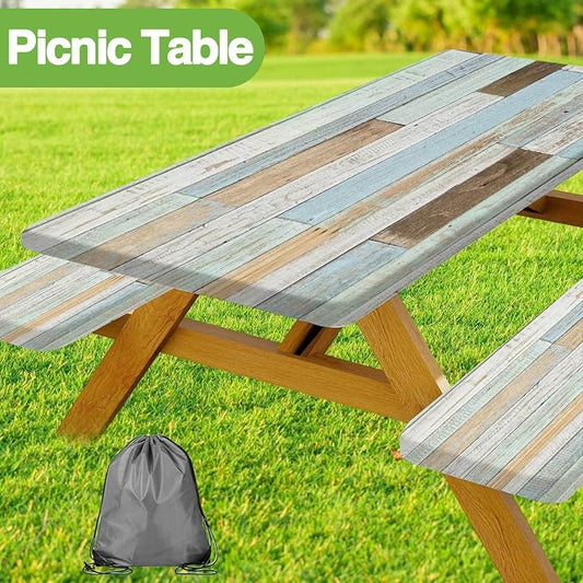 JAWO Rustic Wooden Picnic Table Cover with Bench Covers, Modern Camping RV Essentials Gear Supplies Outdoor Waterproof Windproof Tablecloth with Elastic, 30X60in