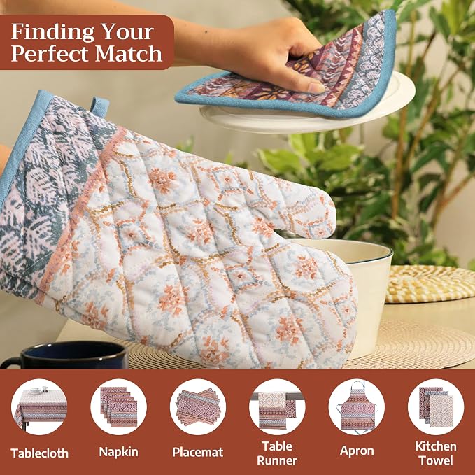 Maison d' Hermine 100% Cotton Oven Mitt & Pot Holder Set (7.5"x13" & 8"x8") | Heat Resistant BBQ Cooking Gloves with Loop Baking Grilling Kitchen Hotel Home Farmhouse Thanksgiving Christmas - Fair Isle