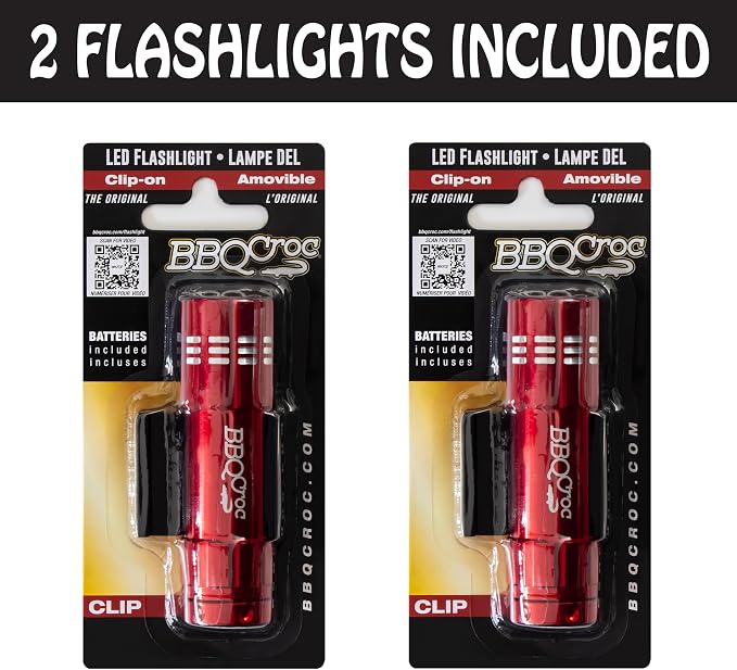 Clip-On LED Pocket Grill Light by BBQ Croc, 2-Pack, Hands-Free Mini Flashlight with Clip, Ultra-Bright 9 LED, Snaps to Hats Tools Shoes & More, Batteries Included