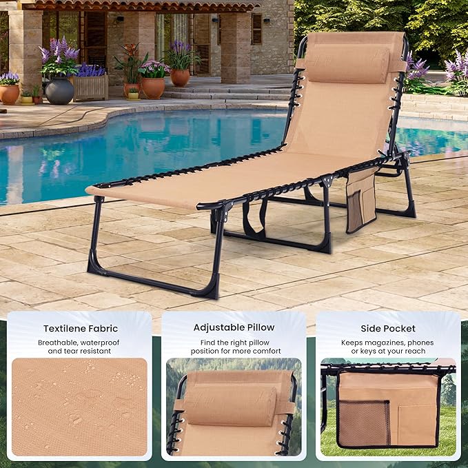 2 Pack Outdoor Folding Chaise Lounge 5-Position Adjustable Recliner 400LB Heavy Duty Portable Patio Camping Beach Chair, Beige
