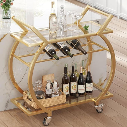 LVB Gold Bar Cart with Glass, Bar Cart with Wheels, Wine Cart with Storage | 2 Tier Glass Shelves Home Bar Serving Cart with Wine Rack, Liquor Cart for Kitchen, Bar, Dinning Room