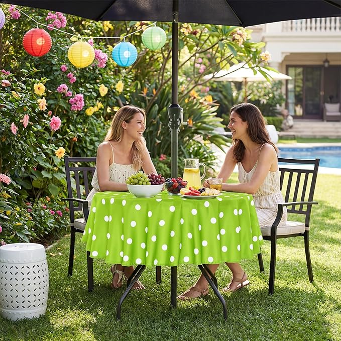 SquarePie 60'' Round Outdoor Tablecloth with Umbrella Hole Waterproof Zippered Table Cloth for Picnic Patio BBQs Backyard, Green Polka Dot
