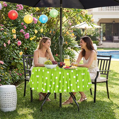 SquarePie 60'' Round Outdoor Tablecloth with Umbrella Hole Waterproof Zippered Table Cloth for Picnic Patio BBQs Backyard, Green Polka Dot