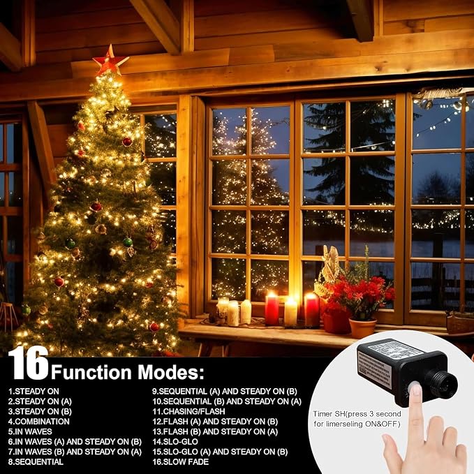 66ft Christmas Decorative Mini Lights,200 LED Green Wire Fairy Starry String Lights Plug in, 16Lighting Modes, for Indoor Outdoor Xmas Tree Wedding Party Decoration (Warm White)