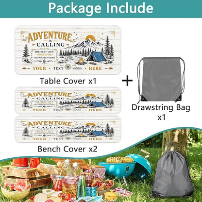 Forest Mountain Sun Wooden Picnic Table Cover with Bench Covers and Bag | Elastic Edges Camper Fitted Table Cover, 60 Inch 3 PCS Outdoor Patio Camping Essentials, Waterproof Camping Fitted Tablecloth