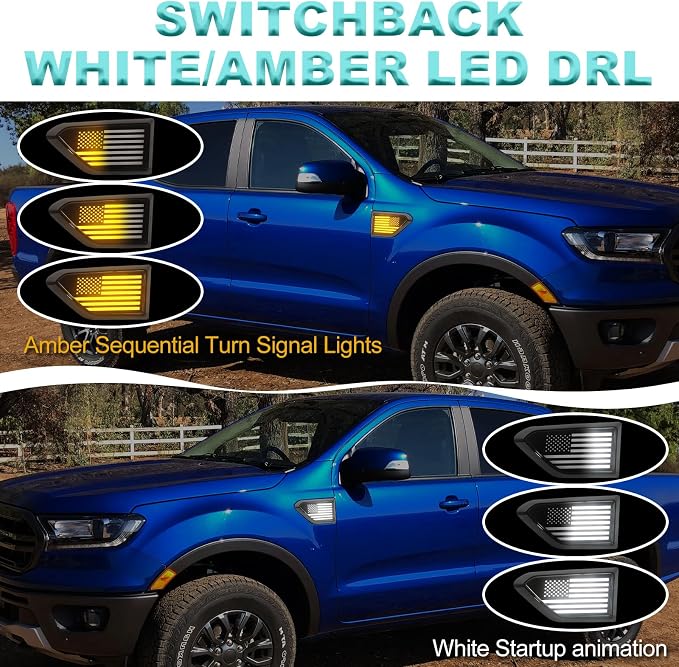 Led Amber Grill Lights and Fender Light for Ford Ranger Accessories 2019-2023 Bundle -Switchback DRL with Amber Turn Signal & Vehicle-Custom Grille Lights