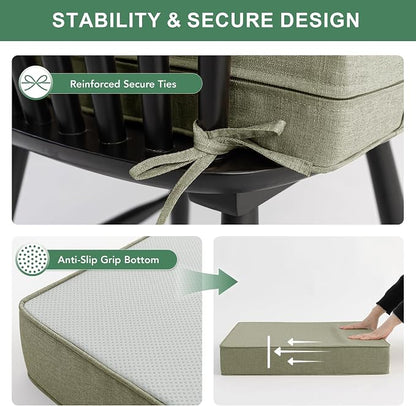 Summsun Water Resistant Outdoor Chair Cushions, Faux Linen Backrest and Deep Seat Cushion Set with Ties, Removable Cover, Non-Slip Bottom for Patio Furniture, 24 x 24 Inch, Mocca Green
