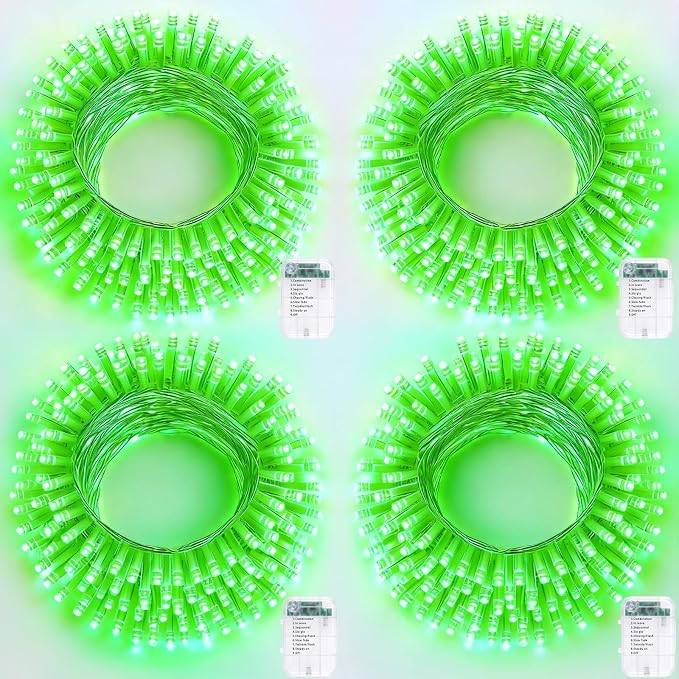 Pooqla 4 Pack String Lights Battery Operated, Total 66.6ft 200 LED Fairy Lights Indoor Outdoor Decorations, 8 Modes Green Battery Christmas Lights for ST Patrick's Day Halloween Porch Party Yard Decor