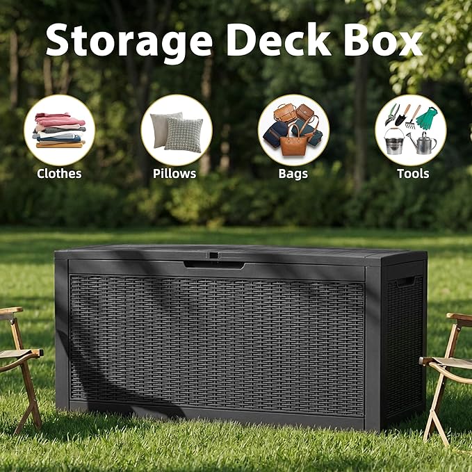 Waterproof Outdoor Storage Box, 125 Gallon Lockable Deck Box, UV-Resistant Outside Storage Bin with Hydraulic Lid for Patio Furniture, Cushion Organizer, Garden Tool, Pool Accessories, Black