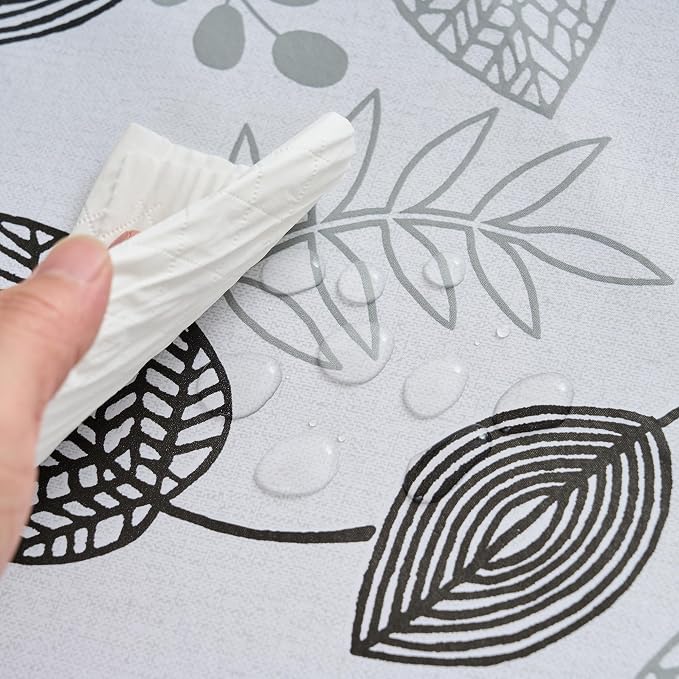 LIBERECOO Monochrome Leaf Whisper Vinyl Tablecloth with Flannel Backing – Elegant Black & White Leaf Design – Waterproof, Durable, Lightweight
