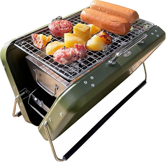 Portable BBQ Charcoal Grill, Folding Stainless Steel Mini Grill for Camping, Hiking, Outdoor Cooking, Small Tabletop Picnics, Backyard, Tailgating, Compact Travel BBQ Carry Bag, Father’s Day Gift