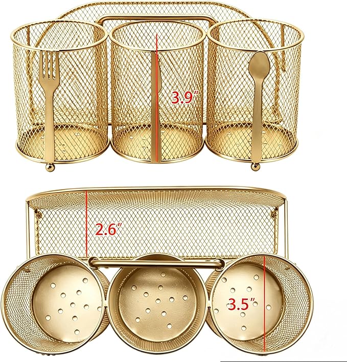 Silverware Organizer Utensil Caddy - 4 Compartment Metal Cutlery Holder Flatware Storage Basket Fork Spoon Napkin Paper Plate Kitchen Countertop Party Picnic Camping Buffet Outdoor (Gold)
