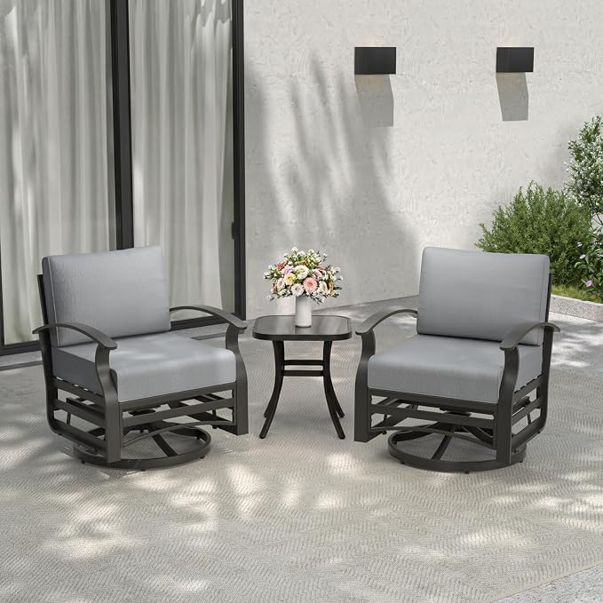 ALAULM 3 Piece Aluminum Outdoor Swivel Chairs High Back Metal Swivel Rocking Chairs with 5.1" Sponge Cushions &1 Coffee Table for Patio, Porch, Backyards, Garden(Grey)