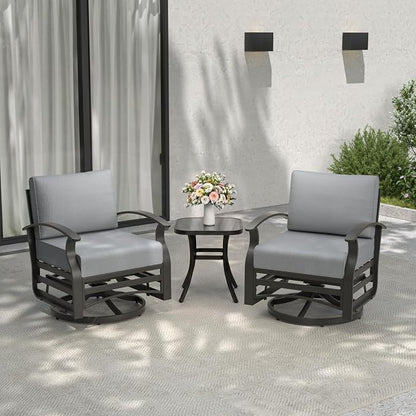 ALAULM 3 Piece Aluminum Outdoor Swivel Chairs High Back Metal Swivel Rocking Chairs with 5.1" Sponge Cushions &1 Coffee Table for Patio, Porch, Backyards, Garden(Grey)