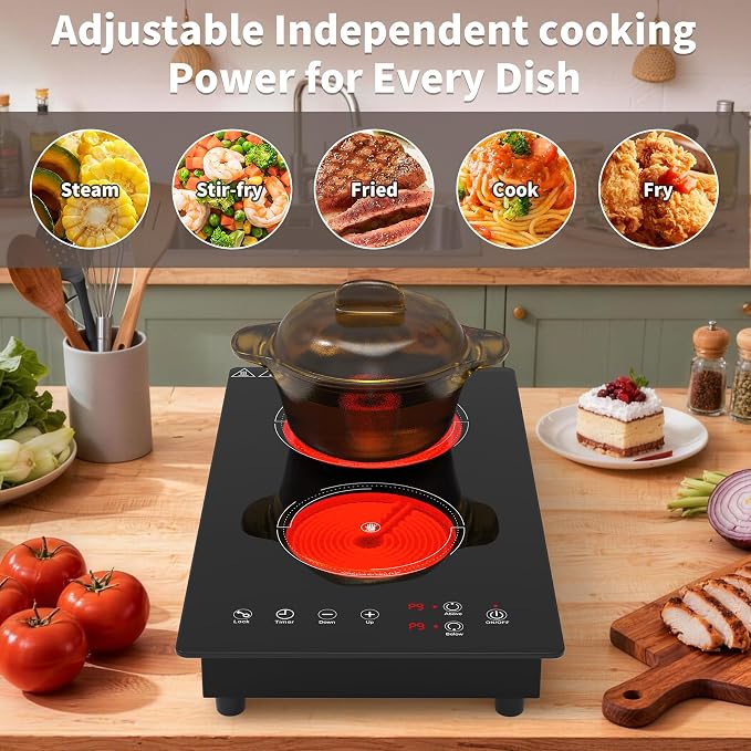 VBGK Electric Cooktop,110V 2100W Electric Stove Top with LED touch Control,9 Power Levels, Kids Lock & 4H Timer,Overheat Protection stove,12 Inch 2 burner cooktop