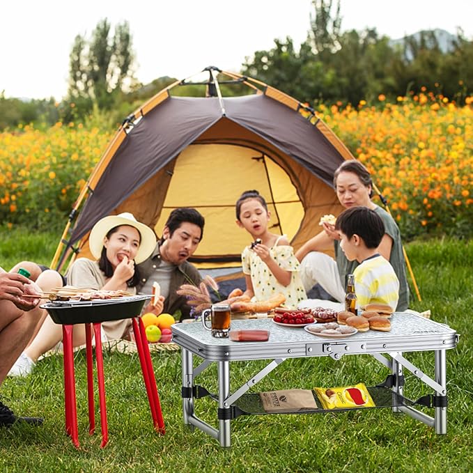 Anbte 2ft Camping Table Foldable, 3 Adjustable Heights 26.3" Aluminum Small Folding Table with Storage Net, Lightweight, Portable Handle for Travel Outdoor Beach Picnic, 23.2" x 16", Silver