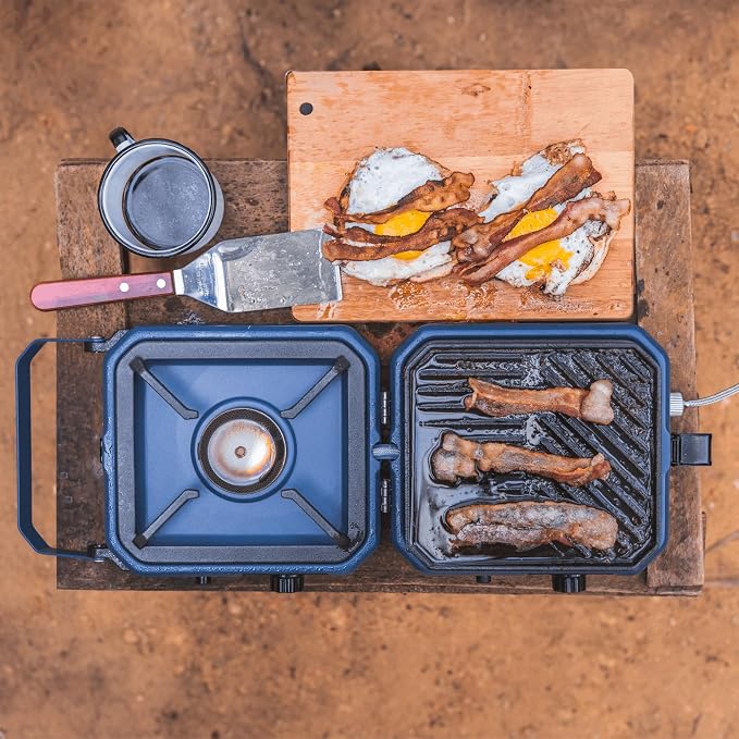 2-Burner Foldable Cetro Camping Stove CFBM PF-1921 with Griddle Portable Propane Camp Stove with 2 Adjustable Burners Piezo Ignition