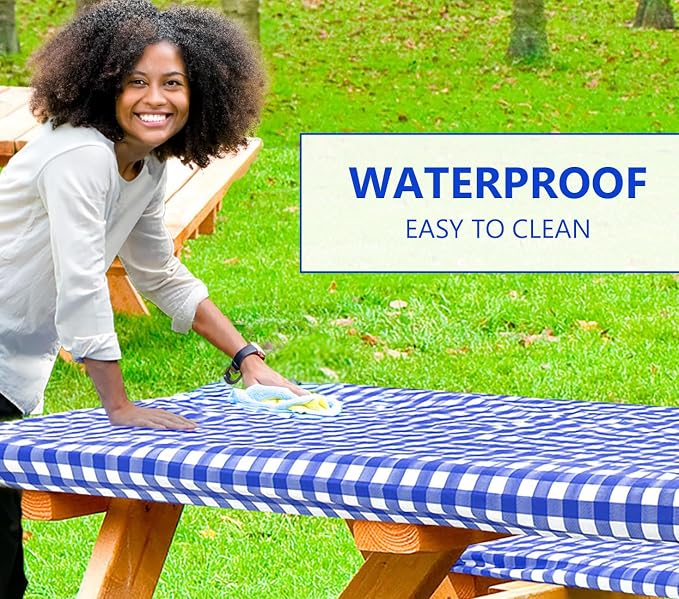 LINPRO 8ft Picnic Table Cover with Bench Covers Vinyl Fitted Picnic Table Covers with Elastic Camping Essentials and Picnic Tablecloth and RV Accessories
