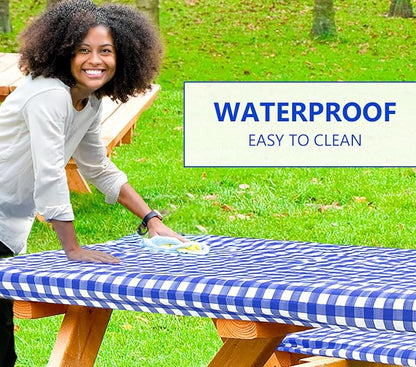 LINPRO 8ft Picnic Table Cover with Bench Covers Vinyl Fitted Picnic Table Covers with Elastic Camping Essentials and Picnic Tablecloth and RV Accessories