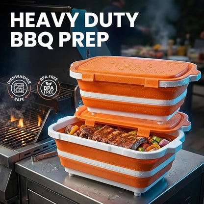 BBQ Prep Tub 2 Pack (16L+16L) - Multifunctional Collapsible Camping Cutting Board with Upgraded Locking lid, Meal Prep Meat Storage Container Perfect for Grilling, Outdoor Cooking (XL x 2)