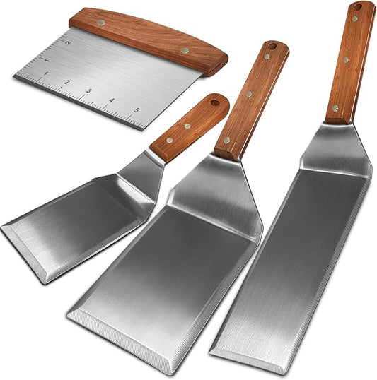 Set of 4 Stainless Steel BBQ Grill Spatula, Griddle Spatula for Blackstone | Metal Full Tang Wooden Handle,Beveled Edges for Cast Iron Blackstone Griddle, BBQ Grill Tools