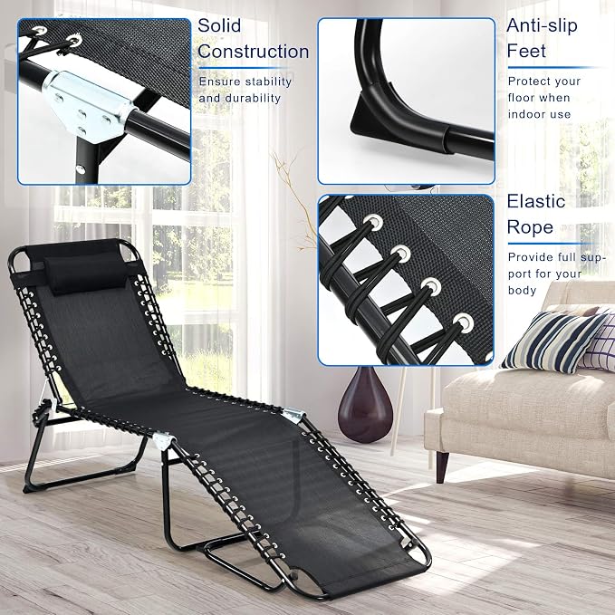 Giantex Chaise Lounge Chair Outdoor - Patio Lounge Chair w/Pillow, 4-Level Adjustable Backrest, 2-Level Footrest, Heightened 16” Pool Lounger for Beach, Lawn, Tanning Chairs for Outside (1, Black)