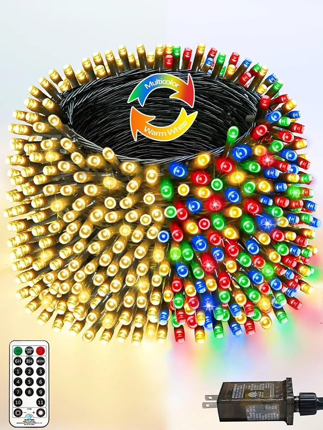500 LED 165 FT Color Changing Christmas Lights with Remote Timer & 11 Modes | Warm White & Multicolor Fairy Xmas String Lights with Memory Function Waterproof for Tree Terrace Pillar Roof Birthday Decor